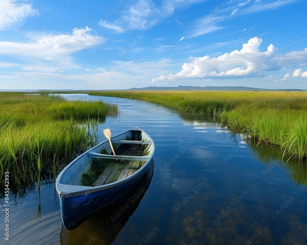 Peaceful Saltwater Marsh Waterway with Boats and Lush Green Vegetation Peaceful Saltwater Marsh Waterway with Boats and Lush Green Vegetation