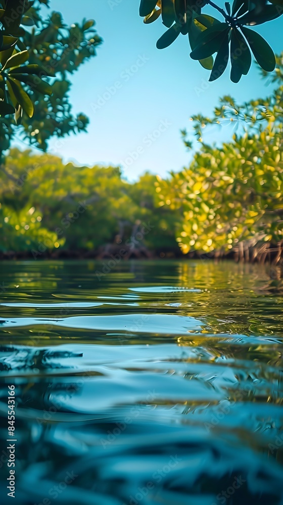 Serene Coastal Lagoon Reflection Mirroring Sky and Lush Foliage Serene Coastal Lagoon Reflection Mirroring Sky and Lush Foliage