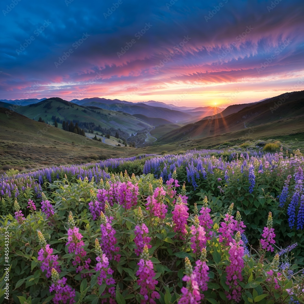 Beautiful natural panoramic countryside landscape. Blooming wild high grass in nature at sunset warm summer. Pastoral scenery. Selective focusing on foreground.sunset on grassy hills with pink flowers Beautiful natural panoramic countryside landscape. Blooming wild high grass in nature at sunset warm summer. Pastoral scenery. Selective focusing on foreground.sunset on grassy hills with pink flowers