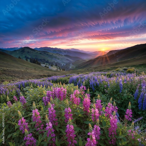 Beautiful natural panoramic countryside landscape. Blooming wild high grass in nature at sunset warm summer. Pastoral scenery. Selective focusing on foreground.sunset on grassy hills with pink flowers © Art by Sam