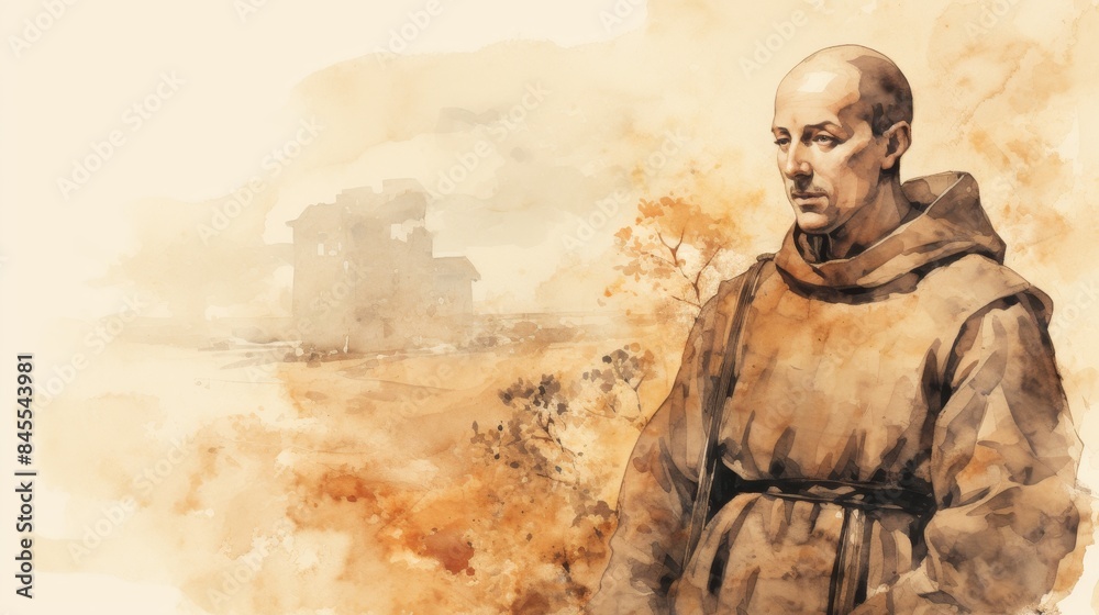 The painting of St. John of the Cross in Deep Contemplation in Spanish Countryside, Symbolizing Mystical Poetry, Beige Background, Copyspace,Christian banner The painting of St. John of the Cross in Deep Contemplation in Spanish Countryside, Symbolizing Mystical Poetry, Beige Background, Copyspace,Christian banner