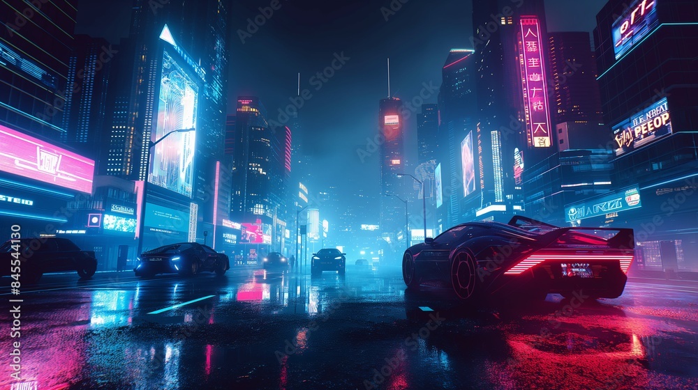 Futuristic Cityscape with Neon Lights and Cars Futuristic Cityscape with Neon Lights and Cars