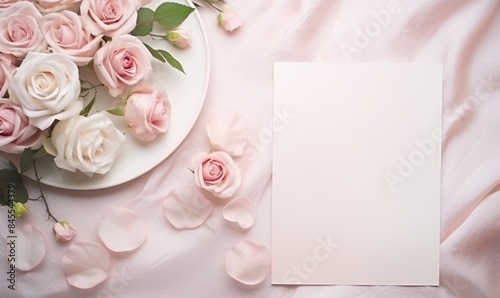 Romantic wedding card mockup with pink roses in pastel colors. Flat lay. Copy space.