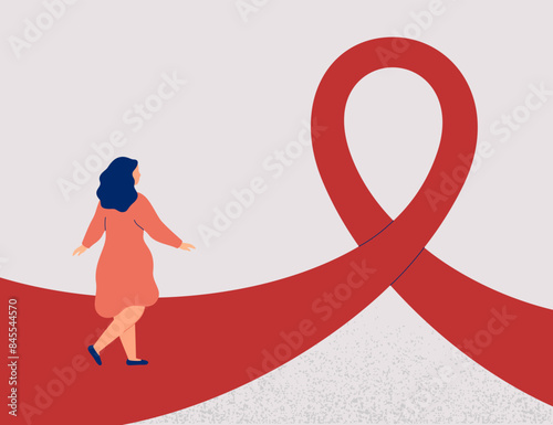 Woman walks pink or red Ribbon Pathway. Concept for raising awareness about the treatment and prevention of breast cancer or HIV and AIDS. Symbol of hope. Health promotion Vector illustration