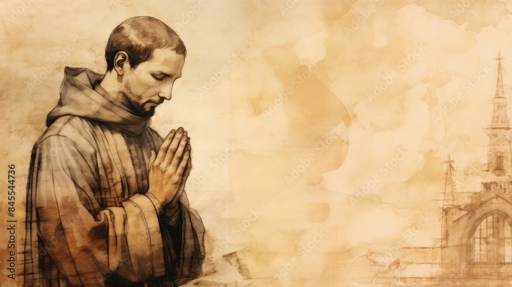 Fototapeta premium The painting of St. Cajetan in Prayer in 16th-Century Italian Church, Beige Background, Copyspace,Christian banner