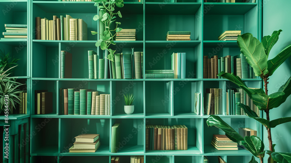 Mockup of bookshelf in front view, full of books and decorations in green color tone. Built-in bookshelves in modern style and pot plants. Mockup of bookshelf in front view, full of books and decorations in green color tone. Built-in bookshelves in modern style and pot plants.