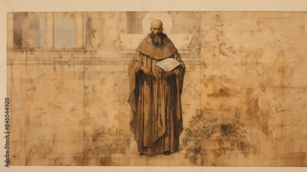 Fototapeta premium The painting of St. Eusebius of Vercelli in Bishop's Robes in 4th-Century Italian City, Beige Background, Copyspace,Christian banner