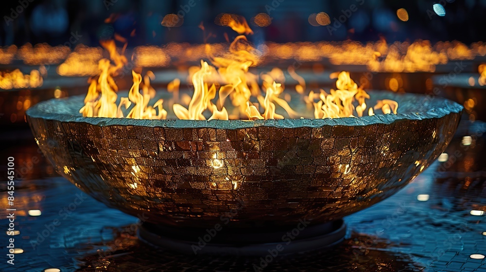 Golden Mosaic Fire Bowl with Flames at Night Golden Mosaic Fire Bowl with Flames at Night