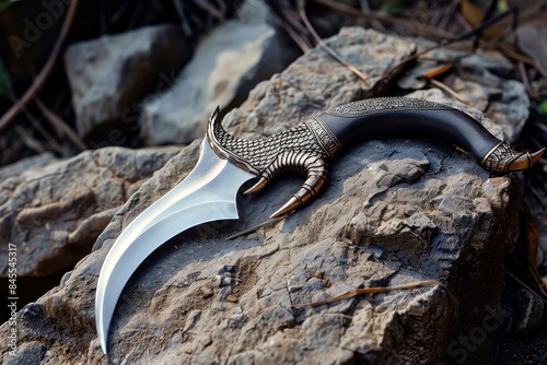 Dragon Claw Dagger, Exotic Weapon with Handle Shaped like Dragon's Claw, Intriguing and Sharp, Realistic Photography in Natural Lighting photo