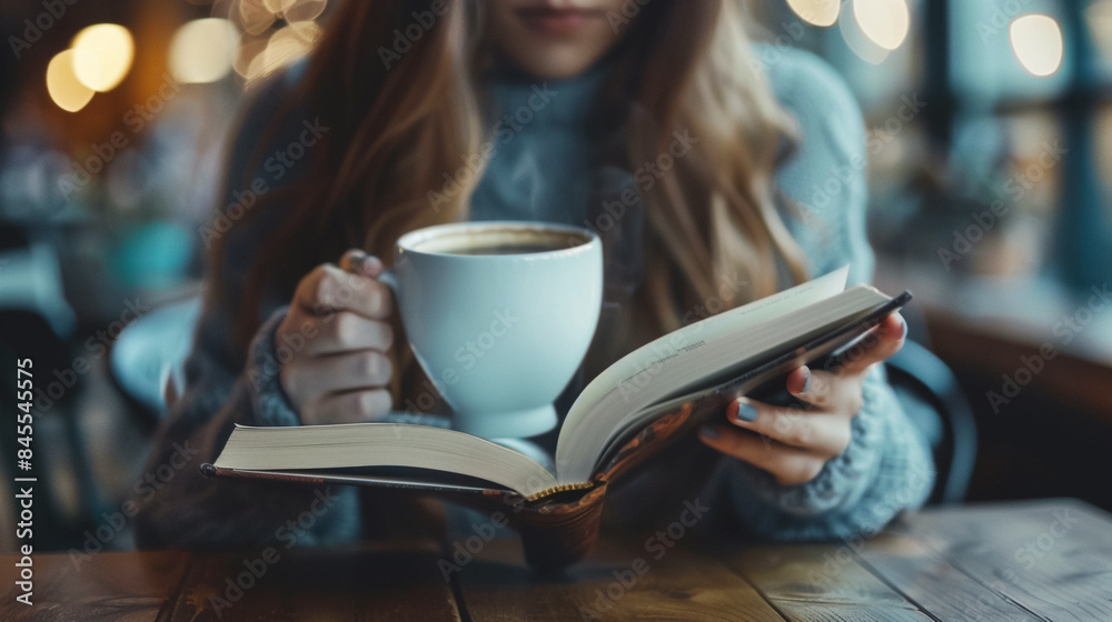 Young woman reading book and drinking coffee. Young woman reading book and drinking coffee.