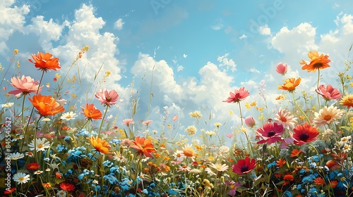 **Field of spring flowers and blue skies on a solid background © coco