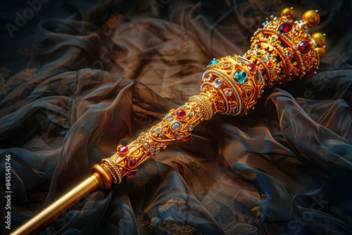 Regal Golden Scepter with Precious Stones, Symbol of Authority, Realistic Photography in Natural Lighting photo