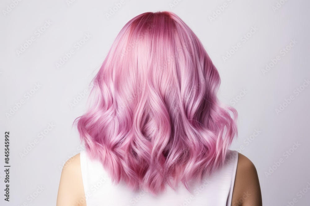 Fototapeta premium Beautiful young woman with long wavy pastel pink hair. Perfect hairstyle and hair coloring. Mermaid or unicorn color trendy hair. Beauty and fashion concept