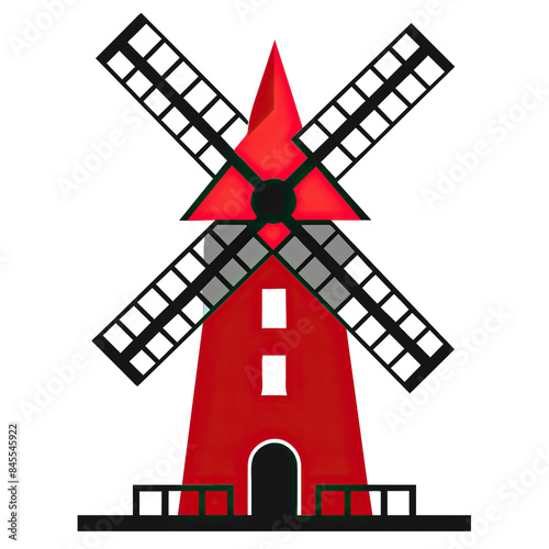A cartoon image of a red windmill tower with black blades against a white background. Generative AI