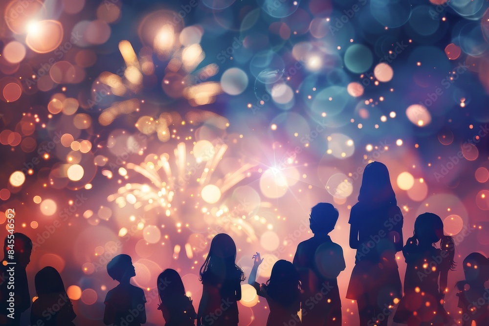 A group of people are watching fireworks in the sky. The fireworks are bright and colorful, creating a festive atmosphere. The people are standing close together, enjoying the show A group of people are watching fireworks in the sky. The fireworks are bright and colorful, creating a festive atmosphere. The people are standing close together, enjoying the show