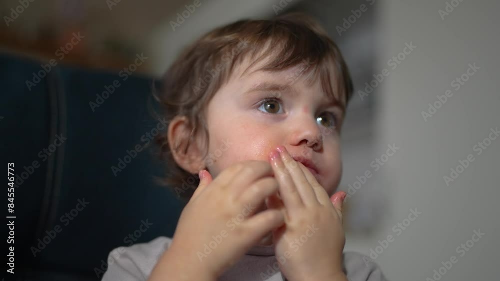 little child resting at home. happy and full of joy childhood, children's dream concept. a small girl are sitting on lifestyle a blue sofa attentively watching cartoons on TV and eat apples little child resting at home. happy and full of joy childhood, children's dream concept. a small girl are sitting on lifestyle a blue sofa attentively watching cartoons on TV and eat apples