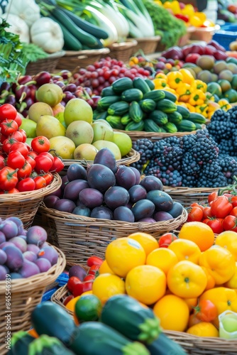 Vibrant Farmers Market Display of Colorful Fruits and Vegetables in Baskets for Healthy Eating