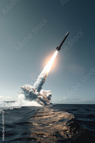 Generic military nuclear submarine floating in the ocean while launching an undersea torpedo missile, illustrating naval warfare capabilities photo