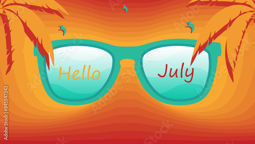 Abstract colorful summer background with Hello July text, vector illustration