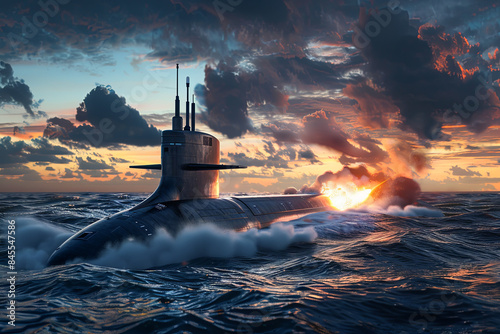 Generic military nuclear submarine floating in the ocean while launching an undersea torpedo missile, illustrating naval warfare capabilities photo