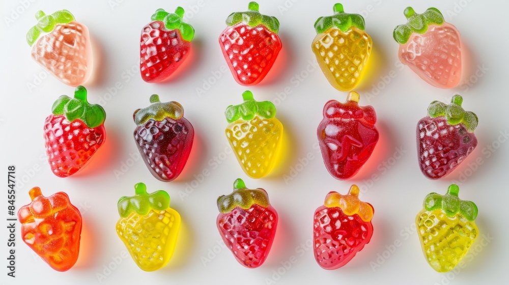 Assorted flavors of raspberry-shaped jelly fruit snacks, top view, vivid and glossy, on an isolated background with studio lighting for advertising Assorted flavors of raspberry-shaped jelly fruit snacks, top view, vivid and glossy, on an isolated background with studio lighting for advertising