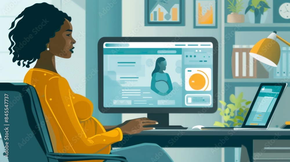 A woman is sitting at a desk with a computer monitor in front of her. She is pregnant and is using the computer to look at information about her pregnancy A woman is sitting at a desk with a computer monitor in front of her. She is pregnant and is using the computer to look at information about her pregnancy