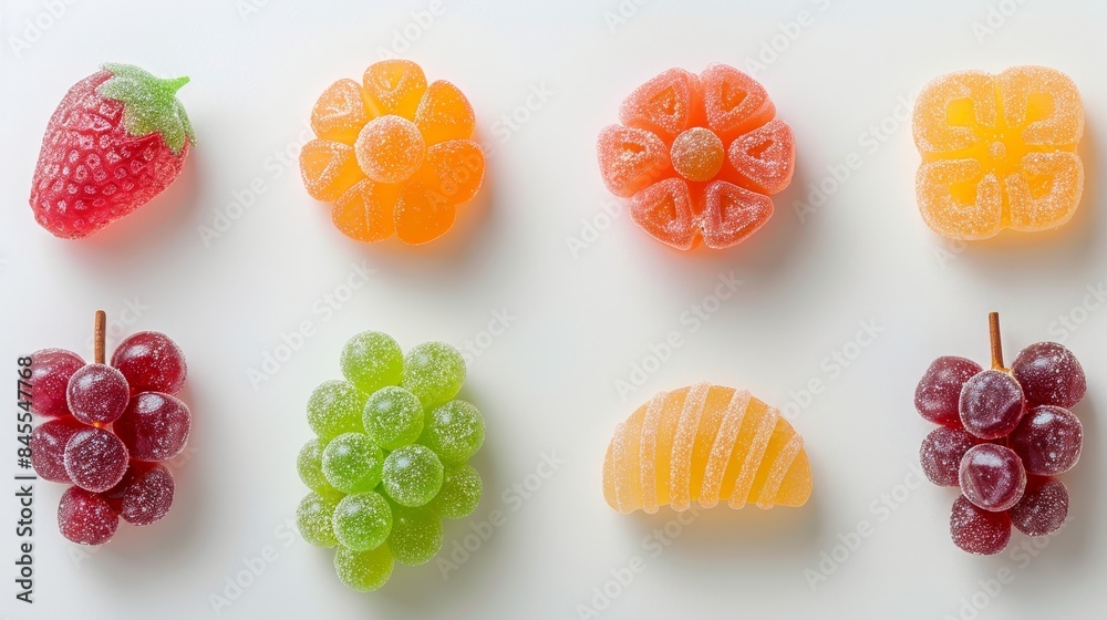 Assorted grape-shaped jelly candies in various flavors, top view, bright and enticing, isolated on a plain background, perfect for advertising