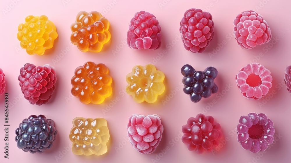 Assorted jelly fruit snacks in raspberry shapes, top view, bright and colorful, isolated background, professional studio lighting for advertising Assorted jelly fruit snacks in raspberry shapes, top view, bright and colorful, isolated background, professional studio lighting for advertising