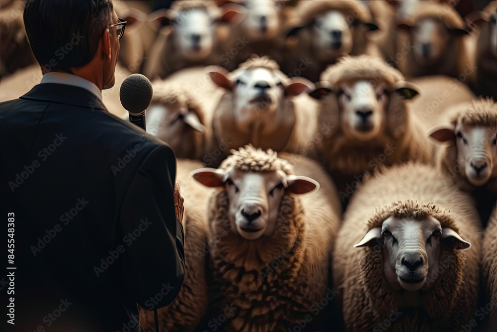 Politician delivering a persuasive speech to an attentive audience represented by a flock of sheep, symbolizing influence and leadership