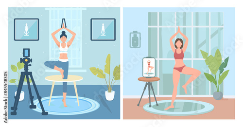 During quarantine, a happy woman does yoga online with a smartphone in a room. Concept of teaching yoga online. Female blogger creating content for the blog. Flat modern illustration.