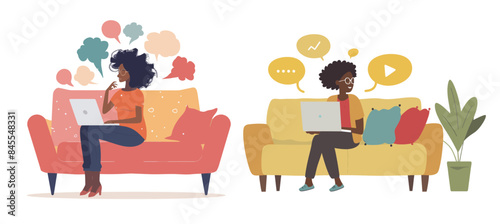 In the background, an African-American woman is sitting on a sofa with a laptop, taking part in an online psychological consultation. The image depicts the concept of an online psychotherapy session