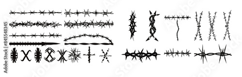 Black wire barb fence frames with twisted barbed wire silhouettes in rounded and square shapes. Concept of protection, danger, or security.