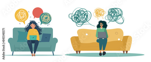 A woman sits on the sofa with a laptop undergoing an online psychological consultation. Professional online therapists offer support and help to a female who has mental illness.