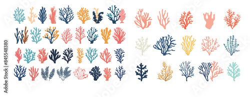 Illustration of colorful coral reefs and seaweeds silhouettes in hand-drawn doodle style. Coral reefs and seaweeds silhouettes for marine aquariums.