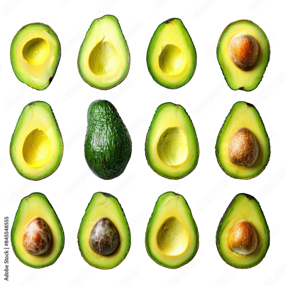 A grid of fresh, neatly halved avocados, showcasing vibrant green interiors, brown seeds, isolated on white background. transparent background. A grid of fresh, neatly halved avocados, showcasing vibrant green interiors, brown seeds, isolated on white background. transparent background.