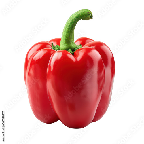 a fresh red bell pepper with a green stem isolated on a white background. Vibrant color and detailed texture.