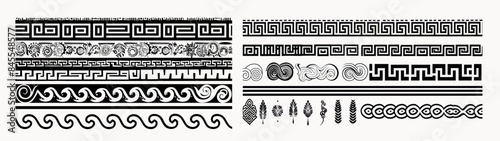 Borders in Greek keys. Traditional meander patterns. Ancient Roman styles. Geometric tileable illustrations.