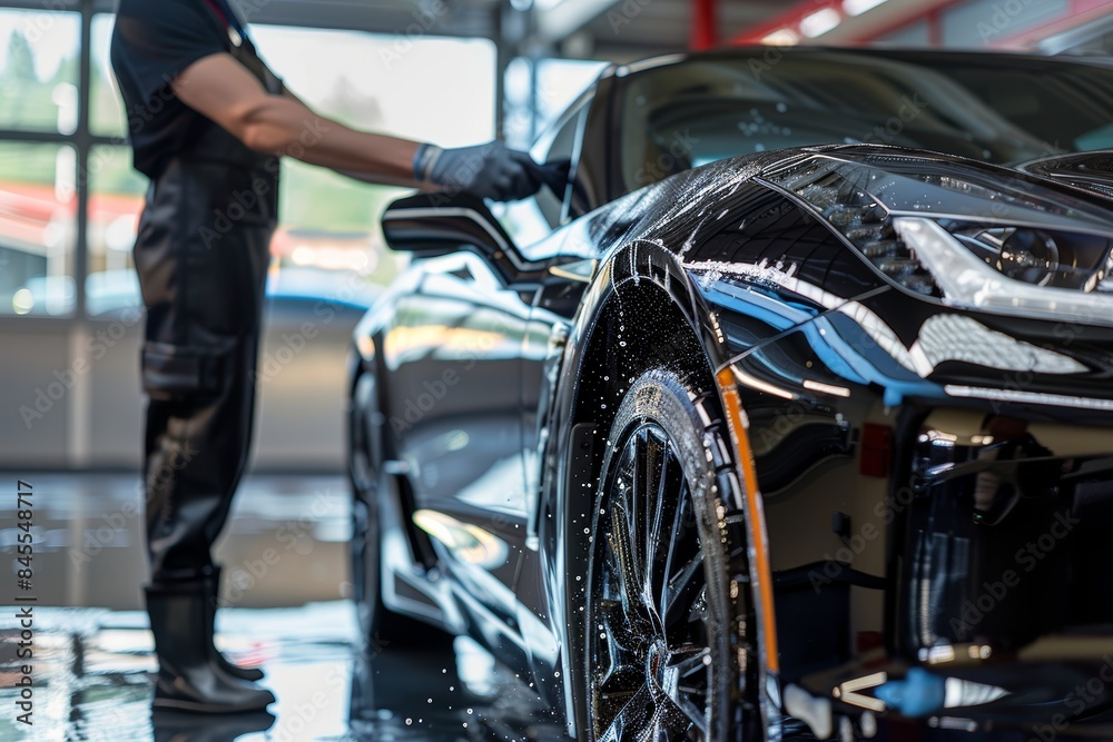 Hand Drying a Shiny Black Sports Car with Microfiber Cloth in a Professional Car Wash Hand Drying a Shiny Black Sports Car with Microfiber Cloth in a Professional Car Wash
