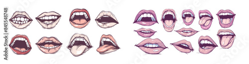 Modern hand drawn funny mouths isolated collection. Cartoon mouth with different expressions. Modern hand drawn funny mouths collection with different faces.