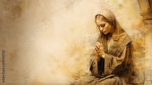 The painting of St. Etheldreda in Prayer in 7th-Century English Monastery, Beige Background, Copyspace,Christian banner photo