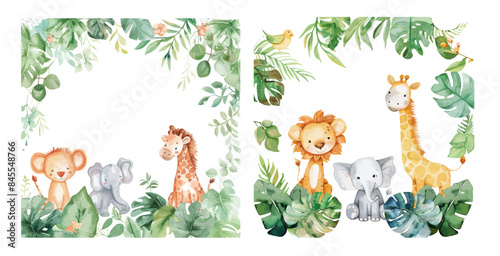 Template for Watercolor Illustration Safari Animals