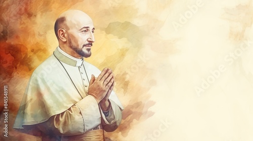 The painting of St. Ignatius of Loyola in Prayer in 16th-Century Spanish Church, Beige Background, Copyspace,Christian banner photo