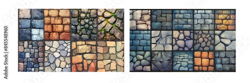 An outdoor paving plan with stone, bricks, and concrete path tiles. Modern top view of a path tile with stone, bricks, and concrete.