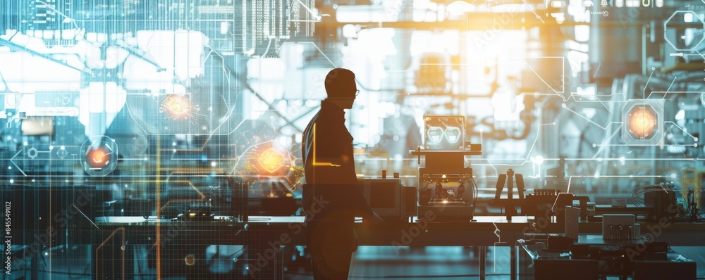A man stands in front of a computer screen in a factory. The image is a representation of a futuristic industrial setting with a lot of technology. The man is wearing a hard hat A man stands in front of a computer screen in a factory. The image is a representation of a futuristic industrial setting with a lot of technology. The man is wearing a hard hat