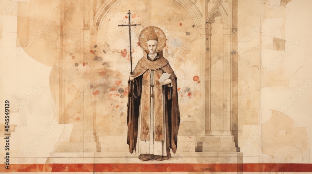 Fototapeta premium The painting of St. Hugh of Lincoln in Bishop's Robes in 12th-Century English Cathedral, Beige Background, Copyspace,Christian banner