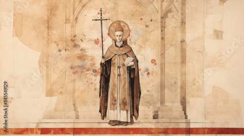 The painting of St. Hugh of Lincoln in Bishop's Robes in 12th-Century English Cathedral, Beige Background, Copyspace,Christian banner