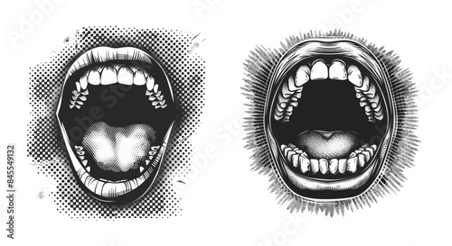 In this retro halftone collage element, the mouth in scream is composed of a halftone texture, in a dotted pop art style. This figure of a woman has her lips open in a vintage grungy punk style with