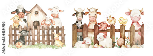 A watercolor illustration set showing cute farm animals and a farmhouse