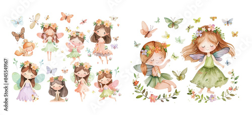 Beautiful watercolor illustration set featuring a beautiful autumn fairy with butterflies in vintage colors