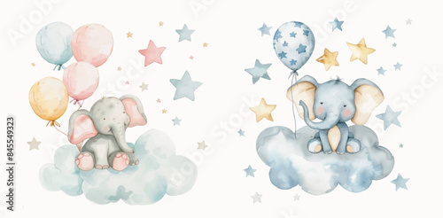 An illustration featuring a baby elephant and a balloon seated on a cloud with stars in watercolor